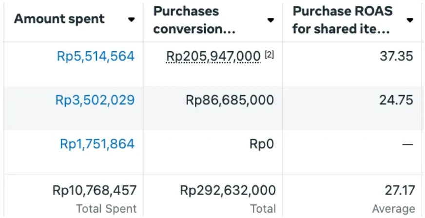 Bisnis alat rumah tangga, mencapai ROAS   (Omset balik dari biaya iklan) sebesar 27 X